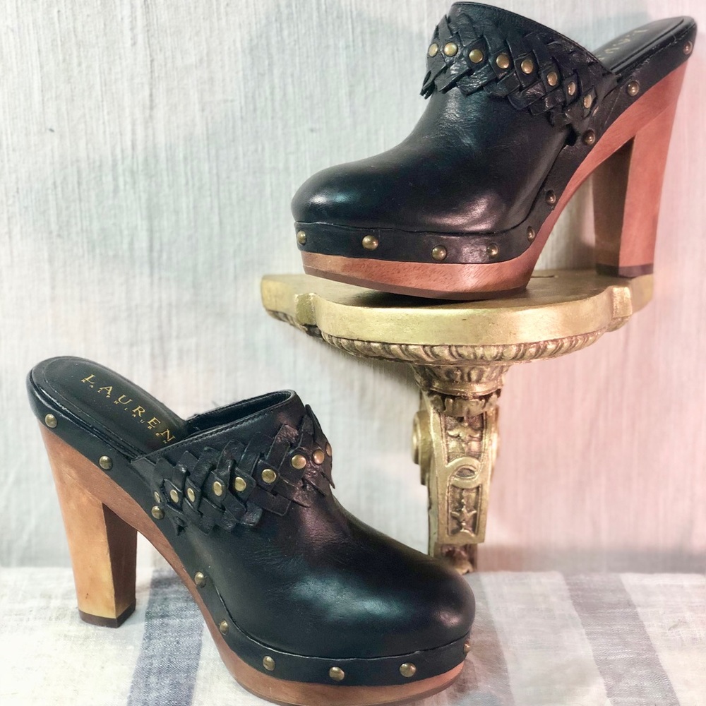 Ralph Lauren black leather wood studded booties, clogs 7.5